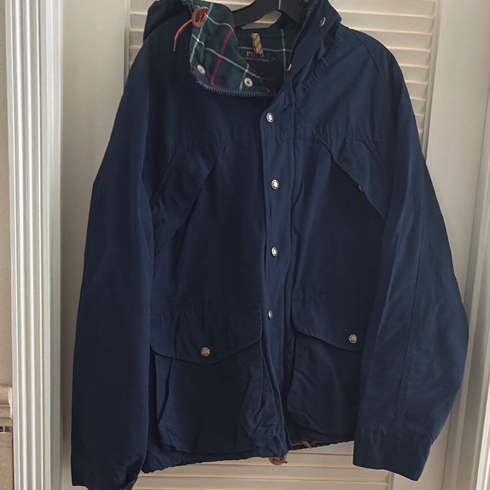 Polo by Ralph Lauren Blue Raincoat with Hood and Hip-Length Design